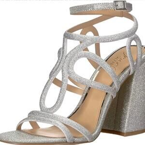 Badgley Mischka Sheri Silver Glitter Strappy Heeled Sandals. NEW